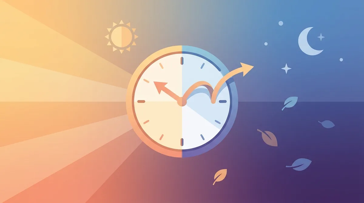 An analog clock with hands being adjusted forward one hour against a spring sunrise sky, illustrating Daylight Saving Time