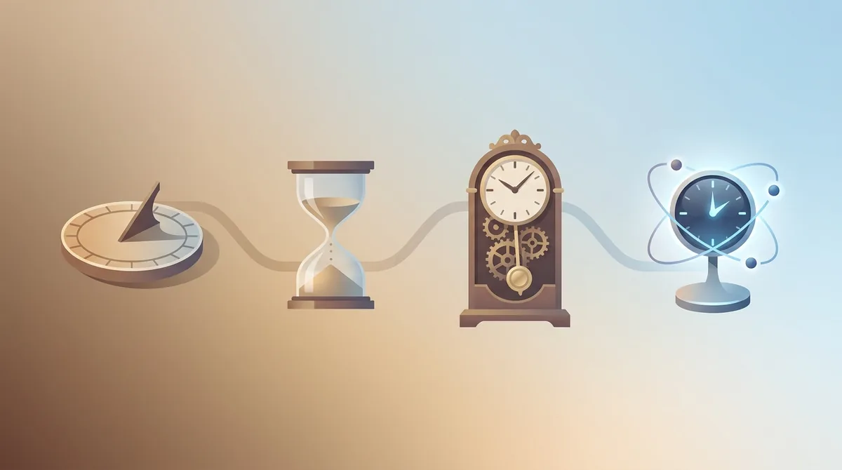 A visual timeline of timekeeping devices, from an ancient Egyptian sundial and water clock to a pendulum clock, a marine chronometer, and a modern atomic clock