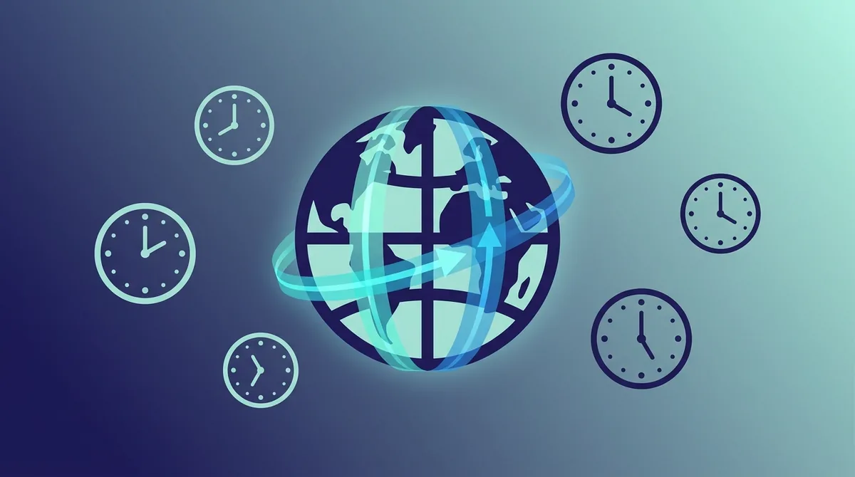 Illustration of a globe divided into time zone bands radiating from the Greenwich Prime Meridian, with clocks showing different local times