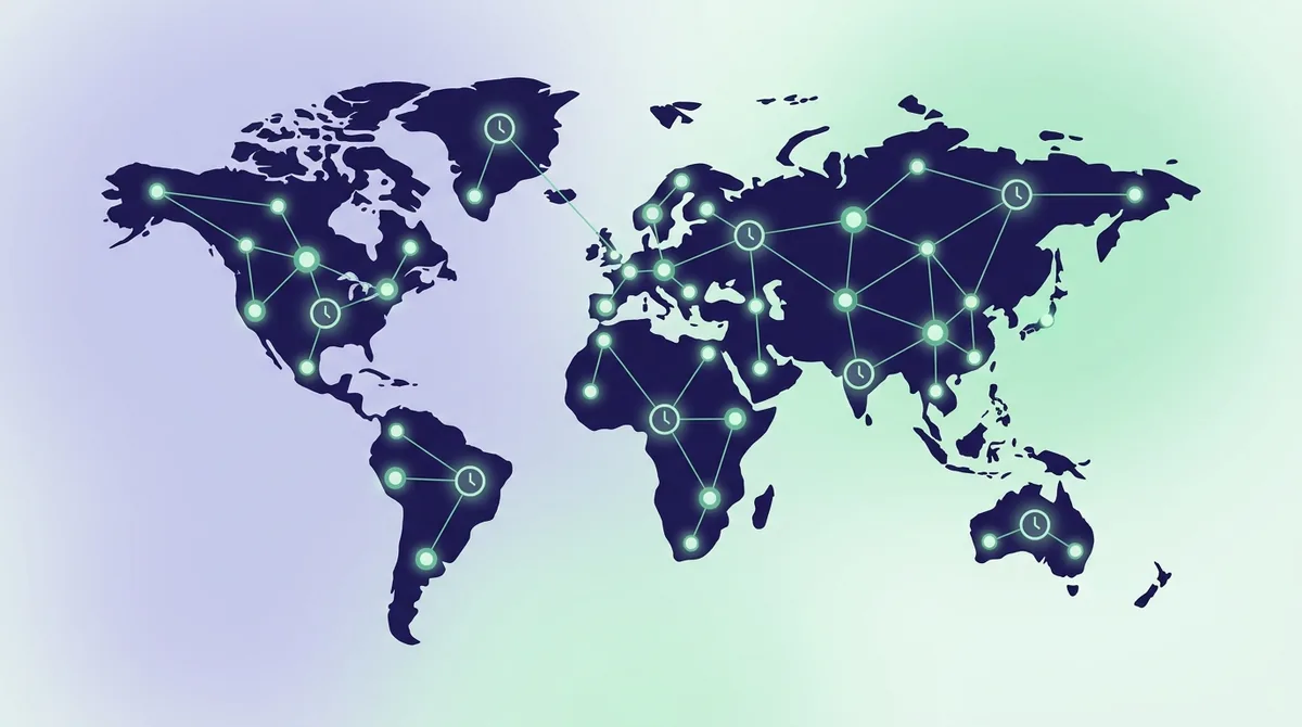 A world map overlaid with time zone boundaries and IANA zone identifiers such as America/New_York, Europe/London, and Asia/Kolkata