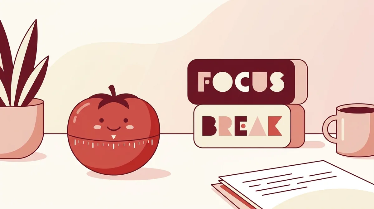 A red tomato-shaped kitchen timer on a desk beside a notebook and pen, set to 25 minutes for a focused work session