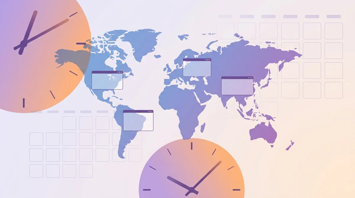 A row of wall clocks showing different times for London, New York, and Mumbai above a shared meeting calendar