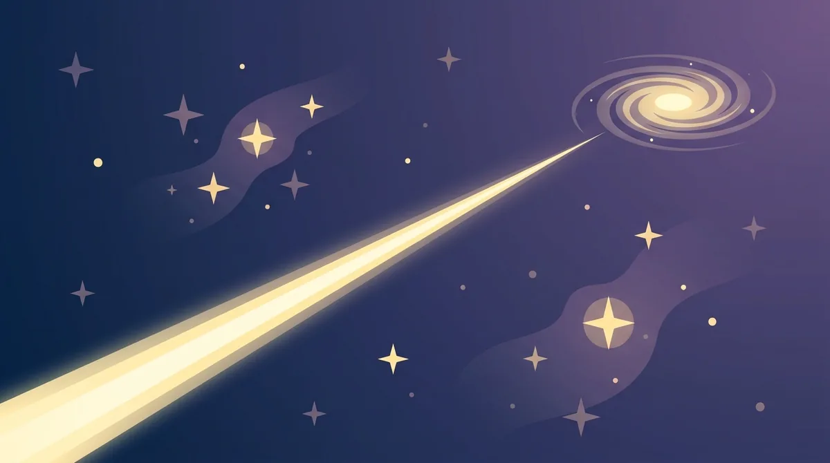 A beam of starlight stretching across deep space toward a distant spiral galaxy, illustrating the vast distance light travels in one light-year